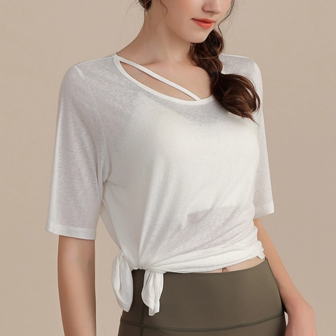 Haut de Yoga en Viscose pour Femme Manches Courtes Respirant T-shirt de Sport Course Entraînement Col Asymétrique Nœud