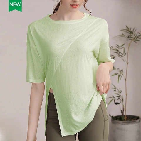 Women Yoga Sport T-Shirt Viscose Blend Breathable Quick Dry Workout Top Loose Short Sleeve Asymmetric Hem Running Shirt