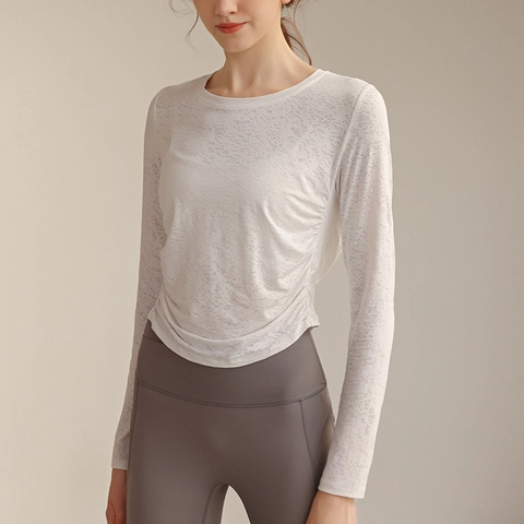Women's Yoga T-Shirt Nylon Spandex Jacquard Long Sleeve Side Ruched Slim Fit Breathable Fitness Workout Gym Sport Top