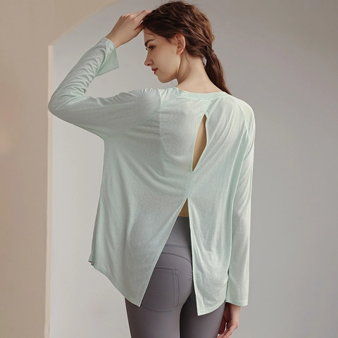 Women Loose Yoga T-Shirt Long Sleeve Workout Top Breathable Open Back Fitness Rayon Polyester Rayon Blend Sportswear