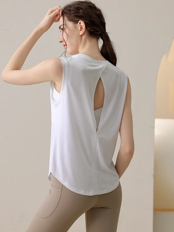 Damen Locker Ärmellos Yoga Tank Top Jacquard Mesh Atmungsaktiv Rückenausschnitt Schnelltrocknend Laufen Gym Training Shirt