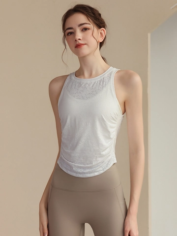 Débardeur de Yoga Jacquard Femme Coupe Ajustée Sans Manches Respirant Nylon Spandex Sport Fitness Workout Top