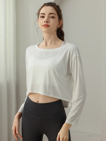 Women's Jacquard Yoga Sports Smock Top Round Neck Long Sleeve Loose Crop T-Shirt For Running Fitness Training Workout Gym Wear
