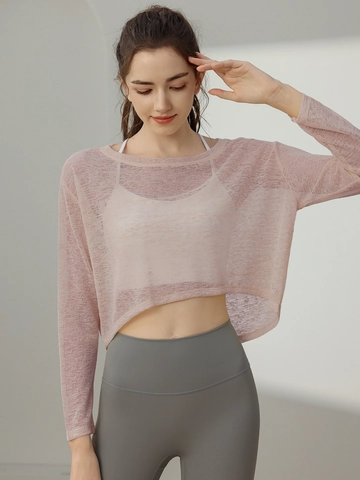 Γυναικείο Crop Top Μακρυμάνικο Γιόγκα Cover Up Δίχτυ Αναπνεύσιμο Αθλητικό Αντιηλιακό Μπλουζάκι Χαλαρό Γυμναστήριο Pilates