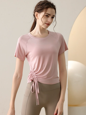 Women's Sporty Short Sleeve T-Shirt Side Drawstring Ruched Design Breathable Yoga Fitness Training Quick Dry Athleisure Top