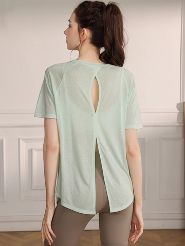 T-Shirt de Sport de Yoga pour Femmes Respirant Fente au Dos Haut de Fitness à Manches Courtes Mélange de Viscose