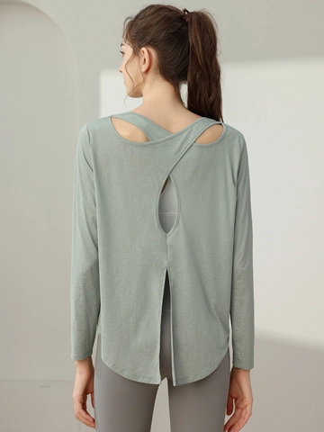Top da Yoga a Manica Lunga in Jacquard da Donna Senza Schienale Incrociato Maglia Sportiva Elastica Allentata Fitness