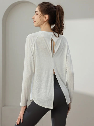 Top da Yoga a Manica Lunga con Schiena Scoperta da Donna Abbigliamento Sportivo Jacquard Elasticizzato Camicia da Fitness con Fori per i Pollici Pilates Gym