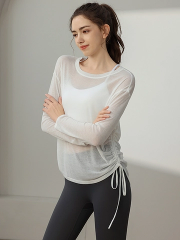 Women Yoga Fitness T-Shirt Long Sleeve Side Drawstring Breathable Athletic Workout Top Solid Color Polyester Viscose Blend