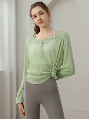Women's Long Sleeve Yoga T-Shirt Breathable Tencel Ribbed Sporty Top With Buttons Henley Neck Casual Fitness Pilates Workout Activewear