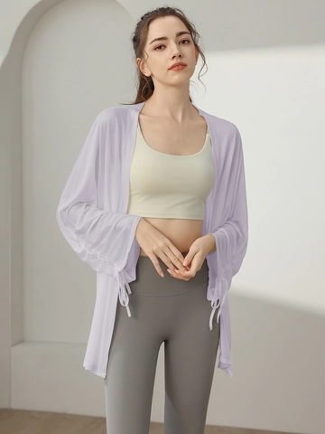 Women Yoga Long Sleeve Cardigan Drawstring Cuffs Breathable Sun Protection Mesh Jacket Lightweight Activewear Sporty Top