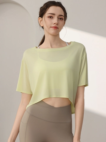 T-Shirt Sportiva Cropped da Donna Copricostume Semitrasparente Ampia Asciugatura Rapida Yoga Fitness Top Traspirante a Manica Corta