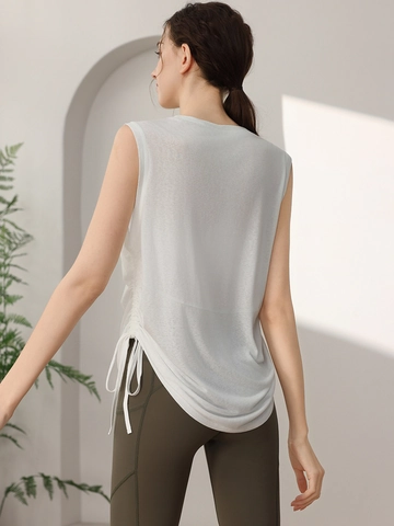Gilet de Yoga Sans Manches pour Femmes Cordon de Serrage Latéral Plissé Respirant Fitness Débardeur Rayonne Polyester Texture de Flocon de Neige