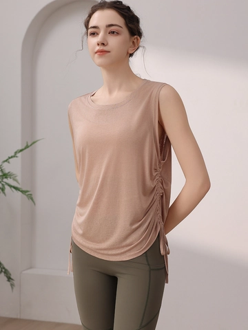 Gilet de Sport pour Femmes T-Shirt avec Cordon de Serrage Latéral Froncé Séchage Rapide Respirant Yoga Fitness Entraînement Haut Sans Manches