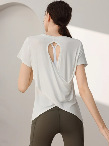 Damen Modal Rückenfrei Sport T-Shirt Cross Cutout Yoga Top Kurzarm Atmungsaktiv Fitness Training Laufen Activewear Sexy Bluse