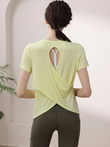 Damen Modal Rückenfrei Sport T-Shirt Cross Cutout Yoga Top Kurzarm Atmungsaktiv Fitness Training Laufen Activewear Sexy Bluse