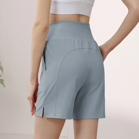 Women High Waist Yoga Shorts Side Slit Running Fitness Shorts Nylon Spandex Breathable Workout Gym Athletic Solid Color
