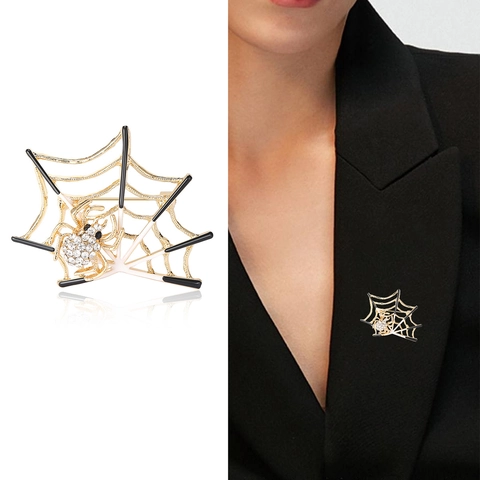 Vintage Alloy Rhinestone Spider Web Brooch Creative Gothic Spider Pin For Halloween Costume Accessories Party Jewelry Gift