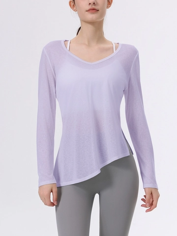 Women's Lyocell Blend Long Sleeve Yoga Top V Neck Asymmetric Hem Breathable Lightweight Sporty Workout T-Shirt For Gym Fitness