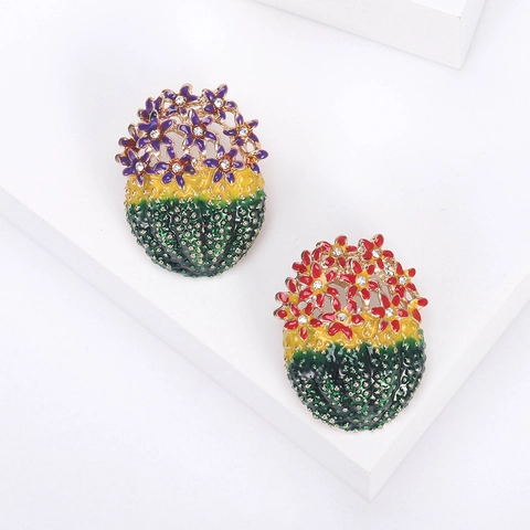 Fashion Alloy Enamel Cactus Brooch For Women Rhinestone Plant Floral Clothing Pin Creative Jewelry Gift Accessory