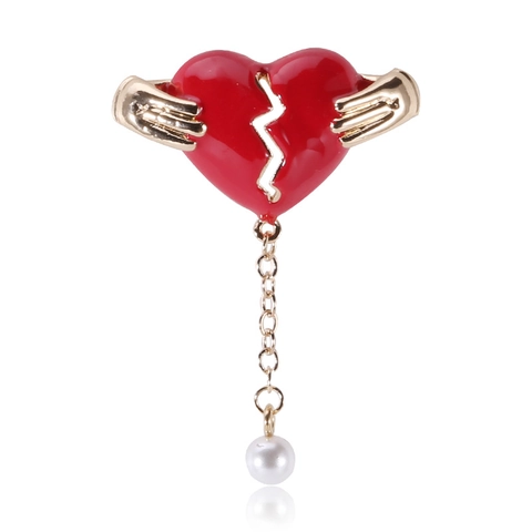 Spilla in Lega Creativa con Cuore Spezzato ECG e Mani che Abbracciano con Perla Artificiale Goccia d'Olio per Donna Gioielli di Moda