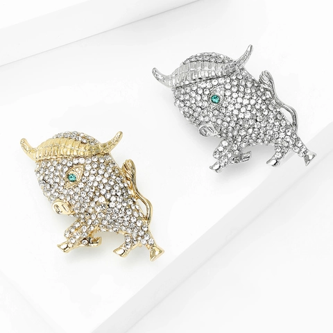 Broche de Toro de Aleación de Lujo con Diamantes de Imitación Pin para Traje Vestido Color Oro Plata Joyería de Mujer