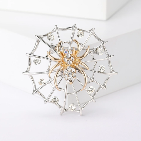 Vintage Gothic Spider Web Brooch For Women Men Rhinestone Alloy Insect Lapel Pin Halloween Party Suit Shirt Accessory