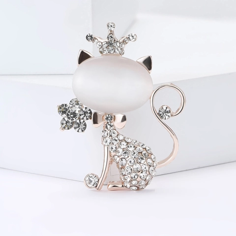 Elegante Spilla a Forma di Gatto in Lega e Pietra Occhio di Gatto Artificiale per Donna Oro Rosa Corona di Strass Gioielli di Moda