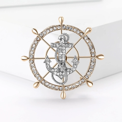Exquisite Alloy Rhinestone Nautical Brooch Ship Rudder And Anchor Design Men Women Lapel Pin Fashion Jewelry Suits Accessory