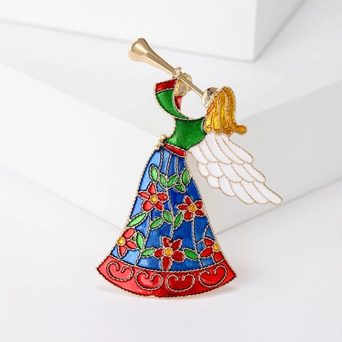Spilla Creativa in Smalto Angelo Ragazza Che Suona il Corno Lega Colorato Vestito Floreale Ali Spille per Donna Regalo di Natale