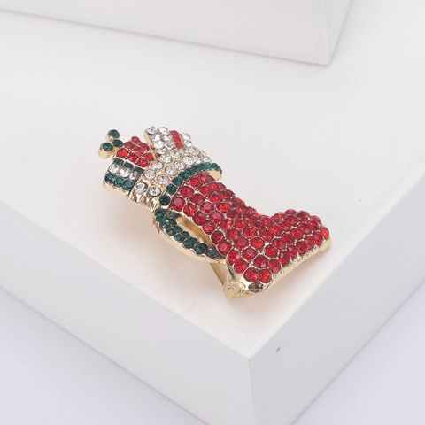 Broche Créative en Forme de Chaussette de Noël pour Femme Alliage Strass Rouge Botte Épingle Bijoux de Fête Accessoire