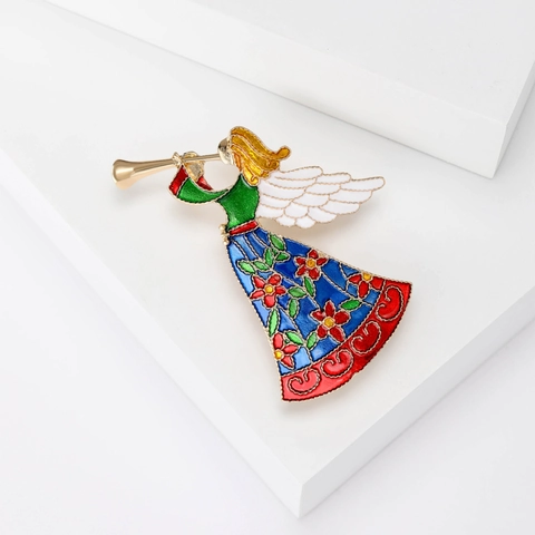 Spilla Creativa in Smalto Angelo Ragazza Che Suona il Corno Lega Colorato Vestito Floreale Ali Spille per Donna Regalo di Natale