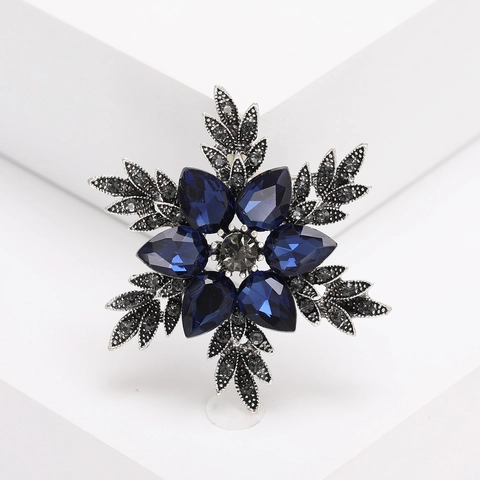 Broche Flocon de Neige Vintage pour Femmes Alliage Strass Bleu Foncé Cristal Fleur Épingle Mode Costume Revers Bijoux