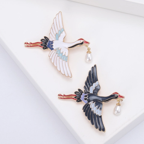 Broche de Grulla de Esmalte Vintage Con Colgante de Perla Artificial Estilo Chino Aleación Pájaro Pin Para Hanfu Joyería Mujer