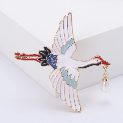 Vintage Enamel Crane Brooch For Women Elegant Chinese Style Animal Pin With Imitation Pearl Accessory For Hanfu Cheongsam