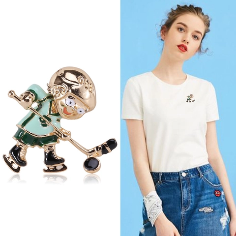 Sporty Ice Hockey Player Enamel Brooch Alloy Cartoon Athlete Badge Lapel Pin For Women Fashion Clothing Accessories Gift