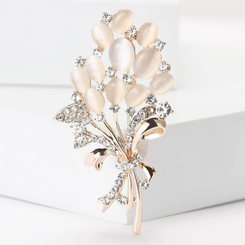 Eleganter Goldfarbener Legierung Blumenstrauß Brosche Mit Opal Und Strass Schleife Design Mode Kleid Schmuck Für Damen