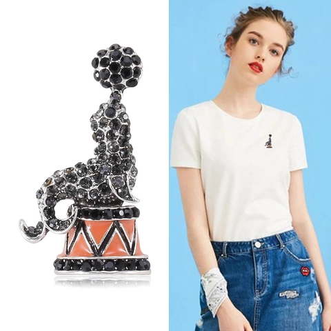 Spilla a Forma di Leone Marino Delfino Circo Vintage per Donna in Lega con Strass Neri e Smalto Spilla da Bavero Animale Gioielli di Moda