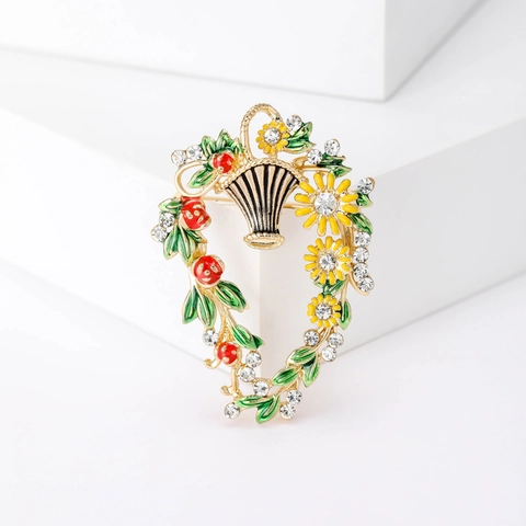 Vintage Alloy Flower Basket Brooch Elegant Enamel Rhinestone Sunflower Pins For Women Fashion Jewelry Accessories Gift