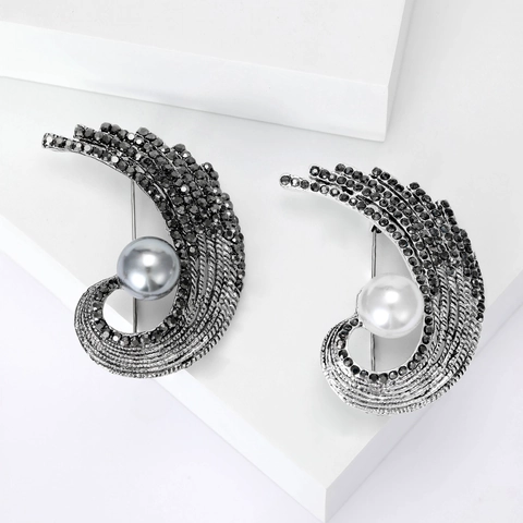 Elegante Spilla a Forma di Piuma in Lega Vintage Con Strass e Perla Artificiale Gioielli di Moda per Donna