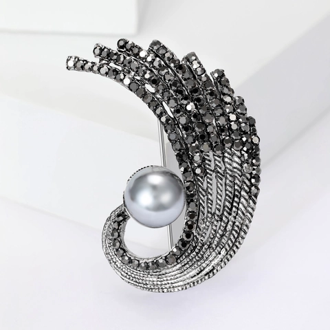 Elegante Spilla a Forma di Piuma in Lega Vintage Con Strass e Perla Artificiale Gioielli di Moda per Donna