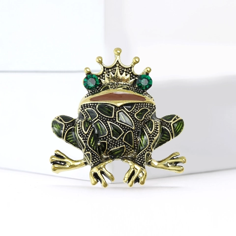 Vintage Green Enamel Frog Prince Brooch With Crown Rhinestone Eyes Alloy Animal Pin For Unisex Fashion Jewelry Accessory