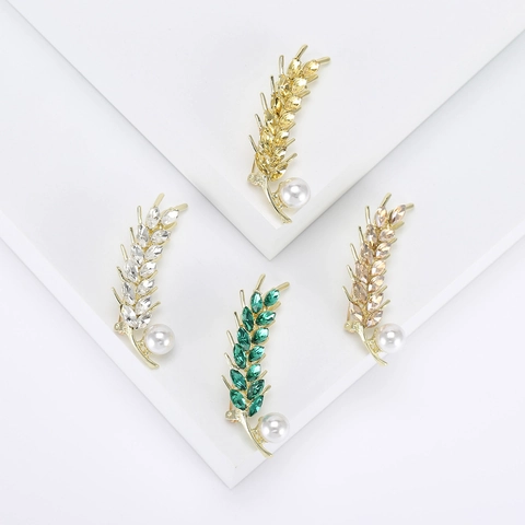 Elegant Wheat Ear Alloy Rhinestone Brooch With Artificial Pearl Gold Plated Crystal Clothing Pin For Women Banquet Jewelry
