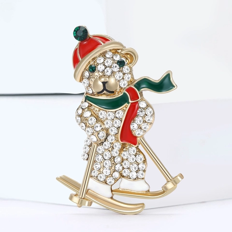 Luxe Legering Strass Skiberen Brosche Mode Schattige Dier Emaille Pin Voor Vrouwen Kerstmis Festival Kleding Accessoires