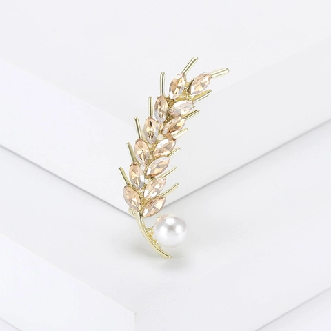 Elegant Wheat Ear Alloy Rhinestone Brooch With Artificial Pearl Gold Plated Crystal Clothing Pin For Women Banquet Jewelry