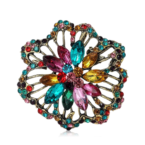 Broche de Flor de Aleación Vintage Hueco con Diamantes de Imitación Elegante Pin de Ramillete Floral para Traje Abrigo Joyería