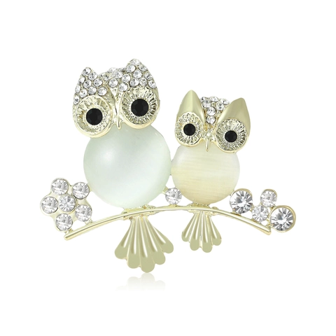 Vintage Gold Alloy Owl Brooch Pin With Cat's Eye Stone Rhinestone Inlaid Animal Floral Breastpin For Women Fashion Clothing Jewelry Accessories