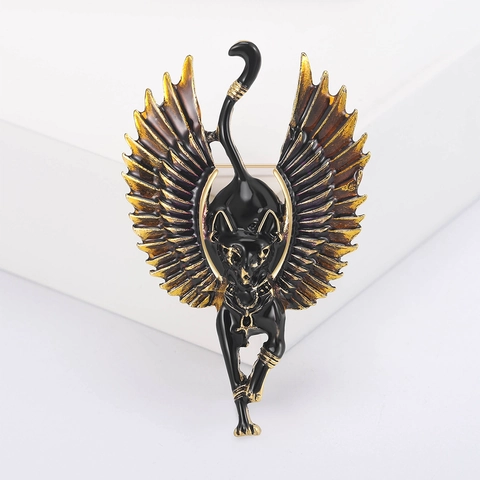Vintage Egyptian Bastet Winged Cat Brooch Retro Alloy Enamel Animal Pin Gradient Wings Jewelry Accessory For Men Women