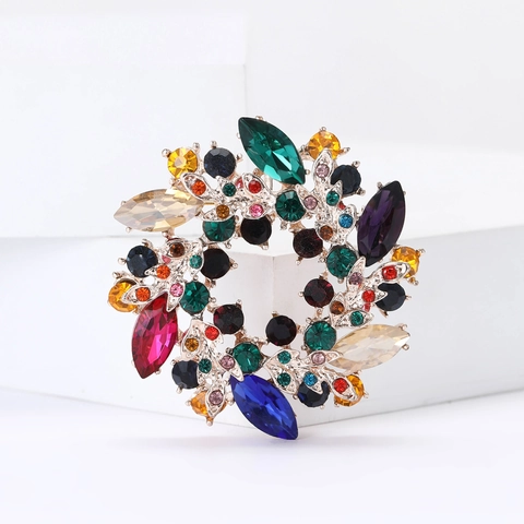 Elegant Alloy Colorful Rhinestone Wreath Brooch For Women Luxury Floral Garland Pin Jewelry Accessory For Party