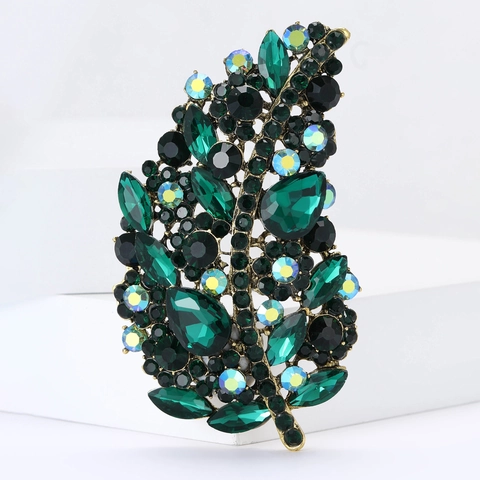 Elegante Spilla a Foglia in Lega con Strass per Donna Vintage Verde Smeraldo Rosso Blu Cristallo Spilla per Abito Cappotto Gioielli